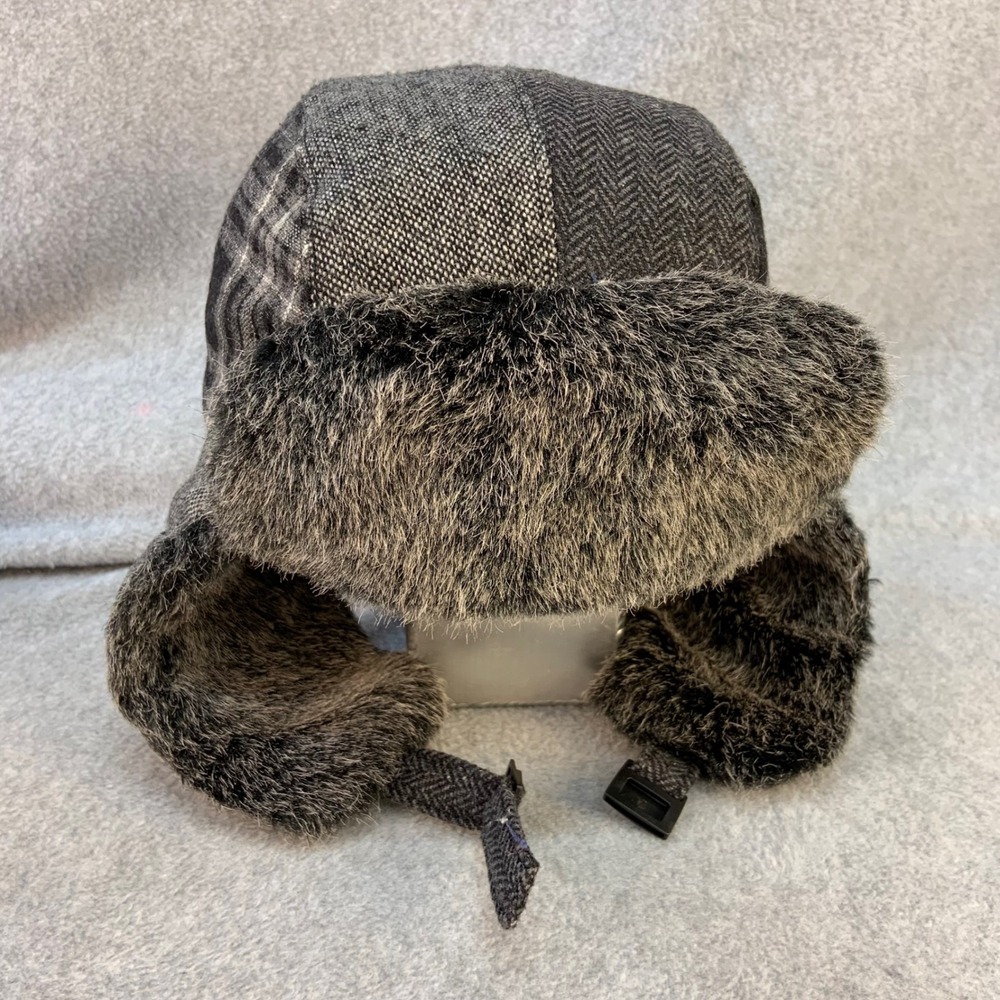 Patchwork Plaid Herringbone Grey Lake of the Isles Trapper Hat Faux Fur OSFM